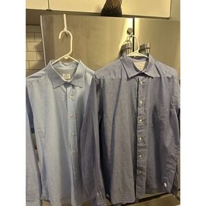 2 Hartford Men's SzL 100% Cotton Lt.blue Dot,blue White Stitch LS Casual Soft A1